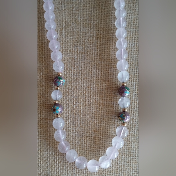 14k Clasp Spacers Rose Quartz Beaded Single Strand Cloisonne Necklace - Picture 11 of 14